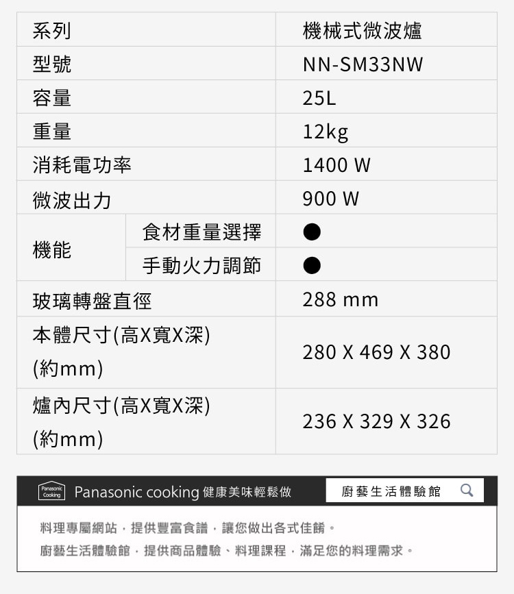 【Panasonic國際牌】25L機械式微波爐 NN-SM33NW